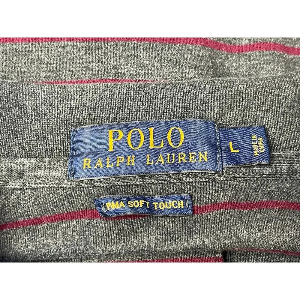 Ralph‎ Lauren Grey & Maroon Stripped Soft Pima Cotton Polo Shirt SZ Large Preppy